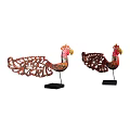 Hand Carved Red Rooster Sculptures With Intricate Tail Design And Black Stand