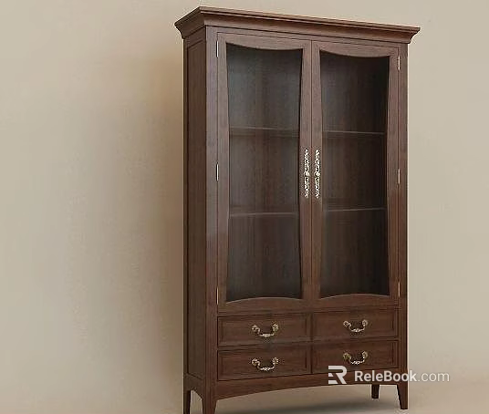 Tall Classic Dark Brown Wooden Bookcase With Glass Doors And Storage Drawers 3d model 