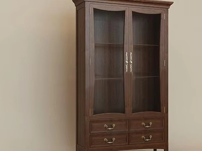 Tall Classic Dark Brown Wooden Bookcase With Glass Doors And Storage Drawers 3d model