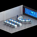 Modern Office Desks With Curved Design White Countertop Blue Chairs And Computers