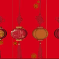 Traditional Chinese Lanterns With Various Styles Chinese Knots And Fu Characters On Red Background