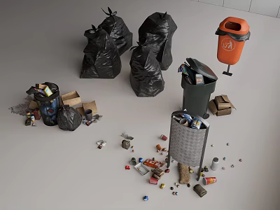 Public Waste Bins With Black Trash Bags And Scattered Garbage Including Bottles And Cartons 3d model