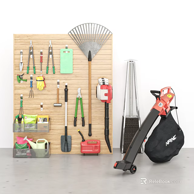 Organized Hardware Tools On Wooden Wall With Garden Pliers Rake And Storage Bag 3d model 