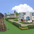 Modern Detached Villa With Green Lawn Windmill Gazebo And Castle Buildings