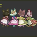 Cute Fox Doll Characters Wearing Colorful Dresses With Various Patterns Standing Together On Reflective Surface