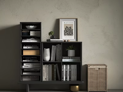 Dark Layered Bookshelf With Books Art Print Decorative Items White Vase And Woven Basket 3d model