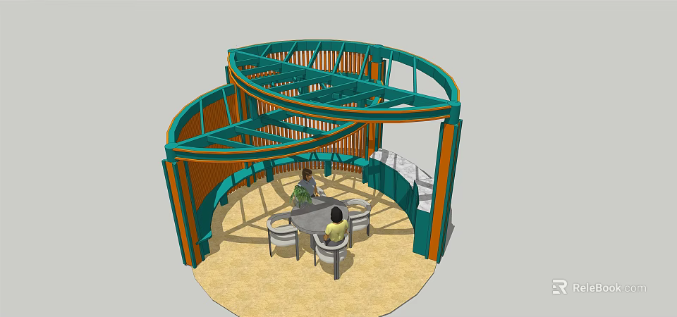 Circular Pavilion With Green Orange Frames Tables Chairs And People Sitting Inside 3d model
