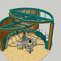 Circular Pavilion With Green Orange Frames Tables Chairs And People Sitting Inside 3d model