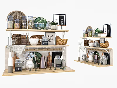 Decorative Ornament Combination With Glass Jars Plants Picture Frames And Baskets On Shelves 3d model