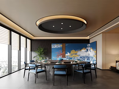 Modern Private Dining Room With Round Table Blue Chairs And Art Mural 3d model
