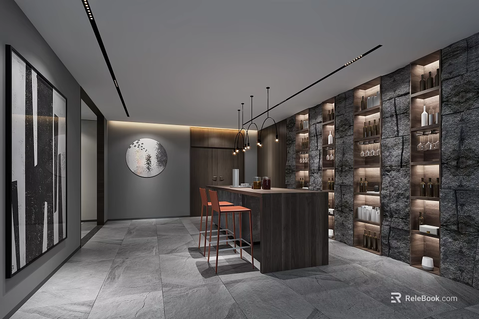 Modern Bar Area Interior Design With Wooden Counter Red Bar Stools And Wine Racks 3d model 