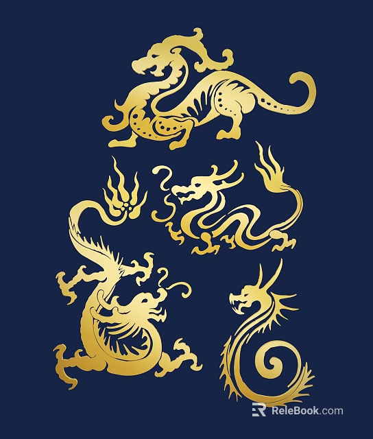 Golden Dragon Carvings on Deep Blue Background with Intricate Patterns 3d model