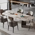Modern Marble Dining Table Set With Six Upholstered Chairs Decorative Vase Fruits And Book
