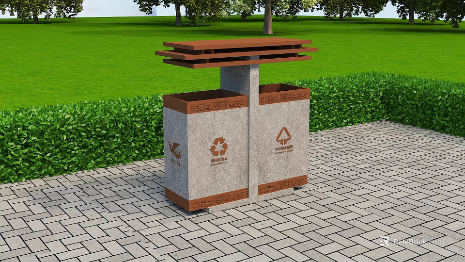 Roadside Public Trash Bins With Dual Compartments Recycling Symbols On Paved Path 3d model 