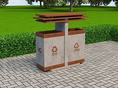 Roadside Public Trash Bins With Dual Compartments Recycling Symbols On Paved Path 3d model