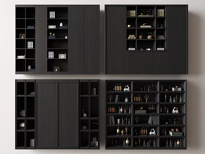 Modern Black Bookcase Design With Open Closed Compartments And Books Decorative Items 3d model