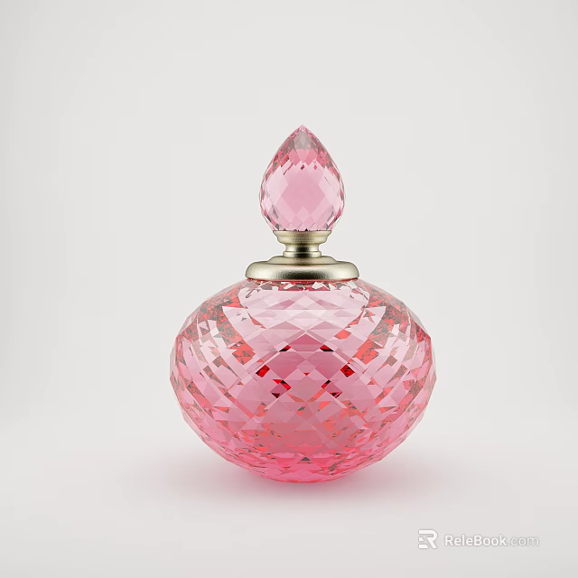 Pink Crystal Cut Perfume Bottle With Metallic Accent And Decorative Stopper 3d model 
