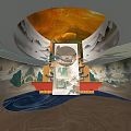 Traditional Chinese Interior Design With Landscape Murals Circular Decor And Red Furniture