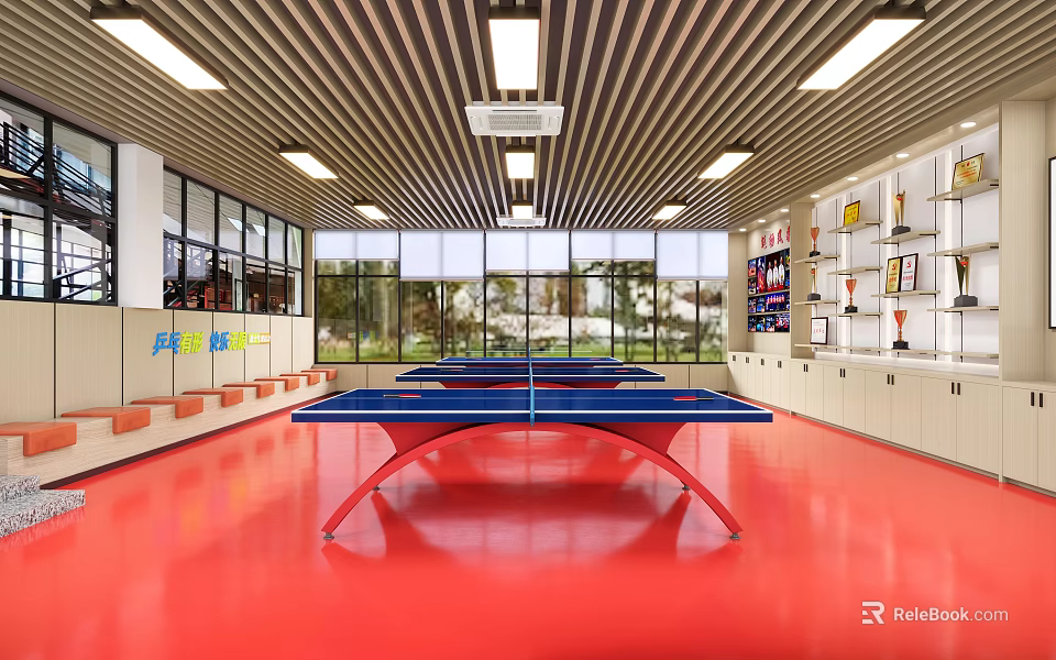 Indoor Sports Facility With Table Tennis Table Red Floor Large Windows And Trophy Shelves 3d model 