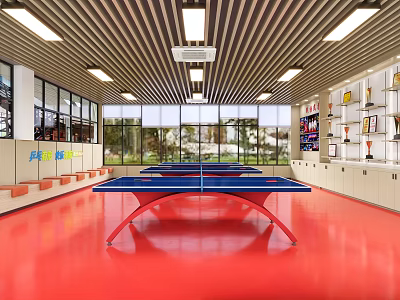 Indoor Sports Facility With Table Tennis Table Red Floor Large Windows And Trophy Shelves 3d model
