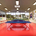 Indoor Sports Facility With Table Tennis Table Red Floor Large Windows And Trophy Shelves