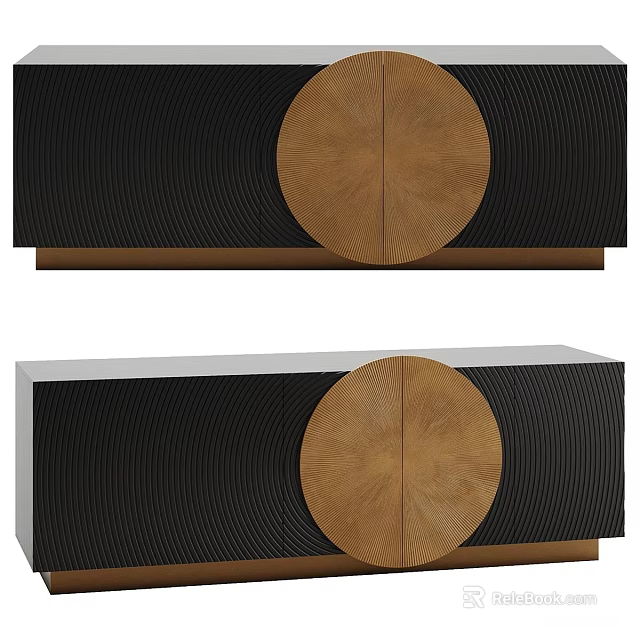 Modern TV Stand Featuring Black Ribbed Panels And Wooden Round Decorative Doors 3d model 