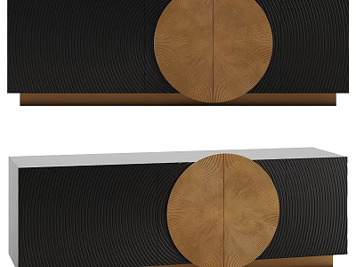 Modern TV Stand Featuring Black Ribbed Panels And Wooden Round Decorative Doors 3d model