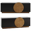 Modern TV Stand Featuring Black Ribbed Panels And Wooden Round Decorative Doors