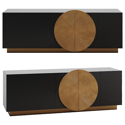Modern TV Stand Featuring Black Ribbed Panels And Wooden Round Decorative Doors 3d model