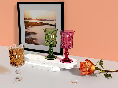 Colorful Glasses On White Tray With Framed Sunset Painting And Orange Rose 3d model