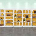 Modern Display Shelves with Handbags Shoes Storage and Small Plants in Retail Showcase