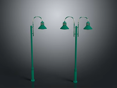 Green Street Lamps With Curved Arms And Green Shades On Lamp Posts 3d model