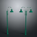 Green Street Lamps With Curved Arms And Green Shades On Lamp Posts