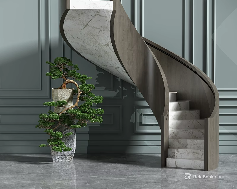 Elegant Modern Spiral Staircase Design With Marble Steps Wooden Railing And Potted Bonsai Tree 3d model 