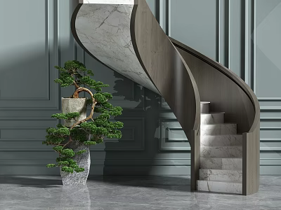 Elegant Modern Spiral Staircase Design With Marble Steps Wooden Railing And Potted Bonsai Tree 3d model