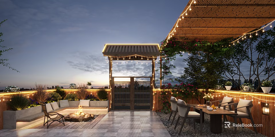 Outdoor Garden Design With Stone Flooring Pergola String Lights Fire Pit Dining Set 3d model