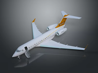 Sleek Passenger Airliner With White Fuselage Yellow Tail Twin Engines And Entry Stairs 3d model