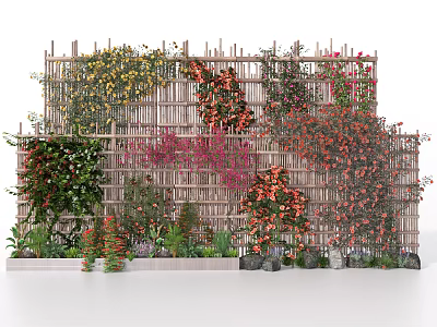 Vines On Bamboo Fence With Various Colored Flowers Small Plants And Stones At Bottom 3d model