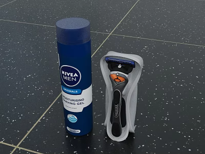 Essential Bathroom Accessories On Countertop With NIVEA Men Shaving Gel Razor And Holder 3d model