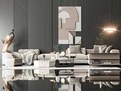 Modern Beige Sofa And Coffee Table Set With Geometric Art Pendant Light Green Plant 3d model