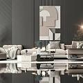 Modern Beige Sofa And Coffee Table Set With Geometric Art Pendant Light Green Plant