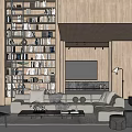 Modern Duplex Living Room Interior Design With Floor to Ceiling Bookshelf Stone Wall and Cozy Sofa
