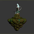 Light Blue Haired Female Character Standing On Green Rock Platform With Butterflies And Glowing Accents