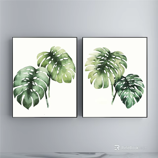 Watercolor Plant Paintings With Monstera Leaves Black Frames And White Background For Home Decor 3d model 