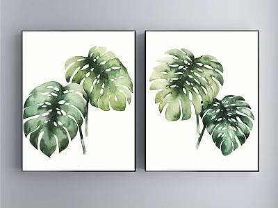 Watercolor Plant Paintings With Monstera Leaves Black Frames And White Background For Home Decor 3d model