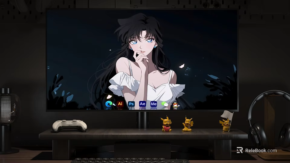 Computer Monitor Displaying Anime Character With Night Background Featuring Game Controller Figurines And App Icons 3d model 