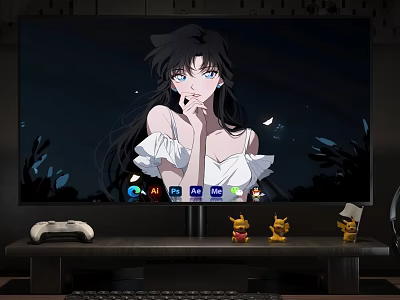 Computer Monitor Displaying Anime Character With Night Background Featuring Game Controller Figurines And App Icons 3d model