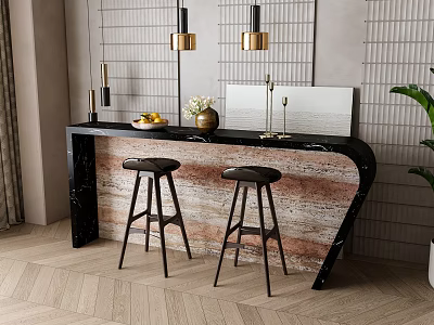 Bar Counter With Black Stools Marble Top And Gold Pendant Lights On Metal Grid Wall 3d model