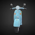 Light Blue Classic Scooter With Green Box On Rear Seat And White Wheels