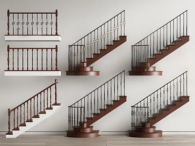 Various Staircase Designs With Wooden And Metal Railings In Different Styles 3d model